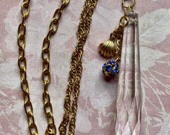 VINTAGE PRISM NECKLACE, Clear, w/Charms & Goldtone Chain, Handmade, Upcycled Jewelry