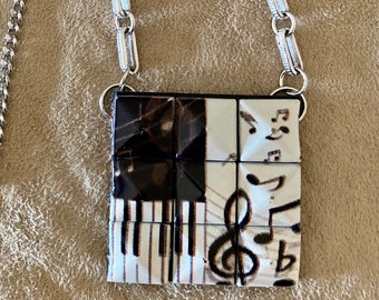MUSIC NOTES NECKLACE, Upcycled From Belt with Metal Squares, Silvertone Chain, Repurposed, Ooak