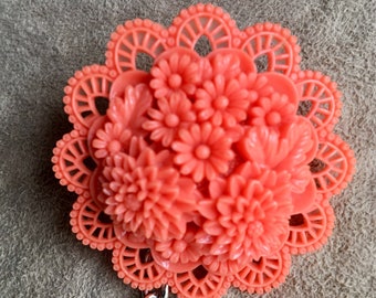 VINTAGE SWEATER CLIP, Upcycled Jewelry, Cardigan or Dress or Jacket Clip, Dark Coral Flowers, Repurposed, Unique Ooak Jewelry