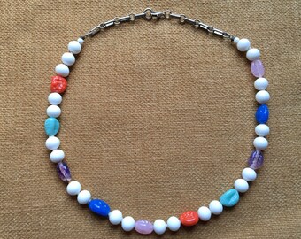 GLASS BEAD NECKLACE, Vintage, Multi/Colorful Beads w/White, Rescued Jewelry