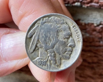 1938 BUFFALO NICKEL RING, Upcycled Coin Jewelry, Indian Head Facing Up, Adjustable Band with Nickel Finish, Ooak