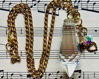 VINTAGE PRISM NECKLACE, Clear, Faceted, w/Charms, Handmade, Upcycled Jewelry