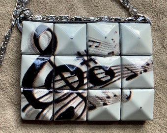 MUSIC NOTES NECKLACE, Gclef, Upcycled From Belt with Metal Squares, Aluminum Chain, Repurposed, Ooak
