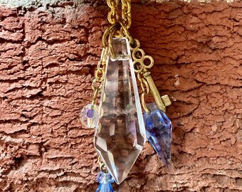 VINTAGE PRISM NECKLACE, Clear, w/Charms & Brass Chain, Handmade, Upcycled Jewelry