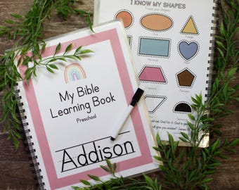 Christian Personalized Preschool Workbook Learning Activity Book Toddler Education Bible Study Material Reusable Dry Erase Practice Page