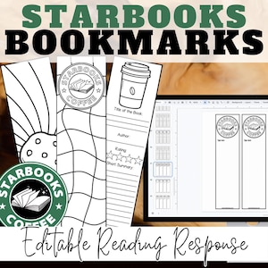 Peut inclure: Marque-pages imprimables en noir et blanc avec un design de tasse de café Starbucks et un livre. Les marque-pages ont de l'espace pour le titre du livre, l'auteur, la note et un bref résumé. Le texte "STARBOOKS COFFEE" est présenté sur les marque-pages.