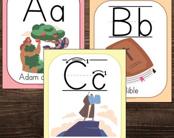 Bible Alphabet Poster ABC Wall Art Christian Scripture Alphabet Decor Preschool Learning Christian Homeschool Material Bible Sunday School
