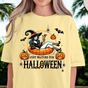 Just Waiting for Halloween Comfort Colors Summerween Witchy Tee,Spooky Season Pool Vibes,Halloween Lover Gift,Fall Girl Aesthetic Shirt