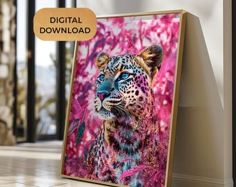 Stampe da parete leopardo rosa, stampe da parete ghepardo glitterato, stampe di animali al neon moderne, stampe da parete stampabili, download istantaneo motivazionale, vivaci