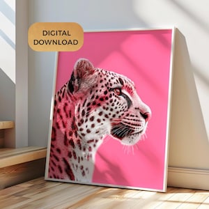 Arte mural de leopardo rosa, impresiones de guepardo con purpurina, impresiones modernas de animales neón, arte mural imprimible, descarga instantánea motivacional, vibrante