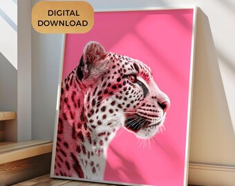 Stampe da parete leopardo rosa, stampe da parete ghepardo glitterato, stampe di animali al neon moderne, stampe da parete stampabili, download istantaneo motivazionale, vivaci