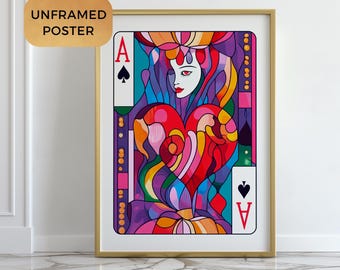 Pop Art Playing Card Print,Colorful Casino Wall Art,Ace of Spades Woman,Trendy Decor for Game Room, Apartment, or Housewarming Gift