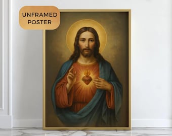 Sacred Heart of Jesus Poster, Catholic Wall Art Print, Christian Religious Decor, Unframed Jesus Print, Housewarming Gift, Jesus Print
