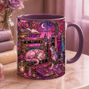 Taza para amantes de los libros estilo vidriera, gato y estantería de imitación vidriera, regalo para lectores, taza con estética de biblioteca floral, acogedora y oscura academia gótica