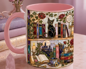 Stained Glass Style Book Lover Mug, Faux Stained Glass Cat & Bookshelf, Reader Gift, Floral Library Aesthetic Cup, Cozy Dark Academia Decor