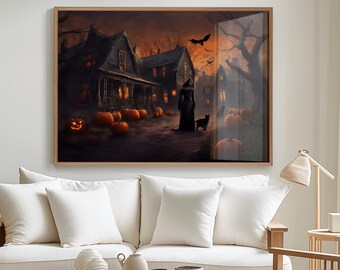 Plakat z Procesem Czarownic w Salem, Sztuka ścienna na Halloween, Druk z nawiedzonym domem, Straszne grafiki, Sztuka ścienna z czarownicami i kotami, Grafika Dark Academia, Massachusetts