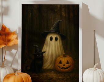 Halloween-väggkonst med spöke och svart katt, vintage häxoljemålning, läskig höstdekor, pumpatryck, utskrivbar Halloween-affisch, tryck