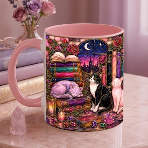 Taza para amantes de los libros estilo vidriera, gato y estantería de imitación vidriera, regalo para lectores, taza con estética de biblioteca floral, acogedora y oscura academia gótica