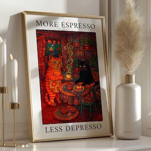 Framed Maximalist Coffee Wall Art, More Espresso Less Depresso Print, Funny Black Cat Kitchen Decor, Coffee Lover Gift, Coffee Bar Print