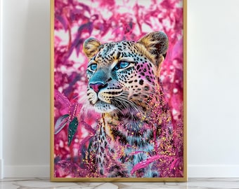 Pink Leopard Wall Art,Wall Art Prints Glitter Cheetah Premium Poster, Modern Neon Animal Prints, Abstract Wall Art, Vibrant Wild Cat Artwork