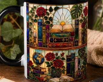 Stained Glass Style Book Lover Mug, Faux Stained Glass Bookshelf Coffee Cup, Bibliophile Gift, Floral Library Aesthetic Mug, Reader Tea Cup