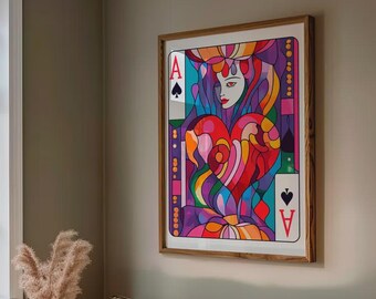 Pop Art Playing Card Print,Colorful Casino Wall Art,Ace of Spades Woman,Trendy Decor for Game Room, Apartment, or Housewarming Gift