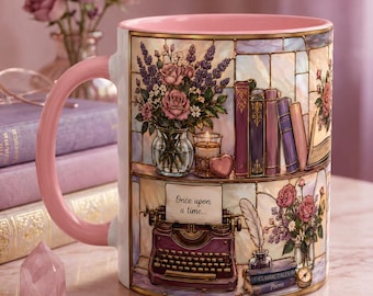 Stained Glass Style Book Lover Mug, Faux Stained Glass Bookshelf Coffee Cup, Bibliophile Gift, Floral Library Aesthetic Mug, Reader Tea Cup