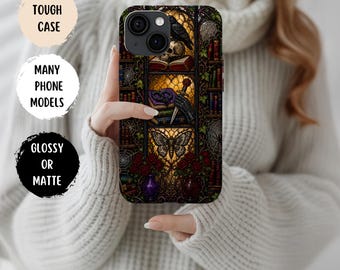 Dark Romance Stained Glass Style Phone Case, Bookish Smut Reader Gift, Gothic Library Crow & Dagger Tough Case, for Iphone, Samsung, Google
