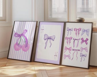 Trendy Lilac Bows Wall Art Set of 3, Preppy Poster, College Apartment Decor, Watercolor Bows Print, Coquette Room Decor,Girly Wall Art