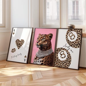 Leopard Wall Art Set,Feeling Lucky Playing Card,Ace of Hearts Print, Animal Prints,Printable Wall Art,8 Lucky Ball Print,Preppy Girly Poster