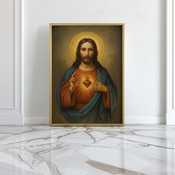 Sacred Heart of Jesus Poster, Catholic Wall Art Print, Christian Religious Decor, Unframed Jesus Print, Housewarming Gift, Jesus Print
