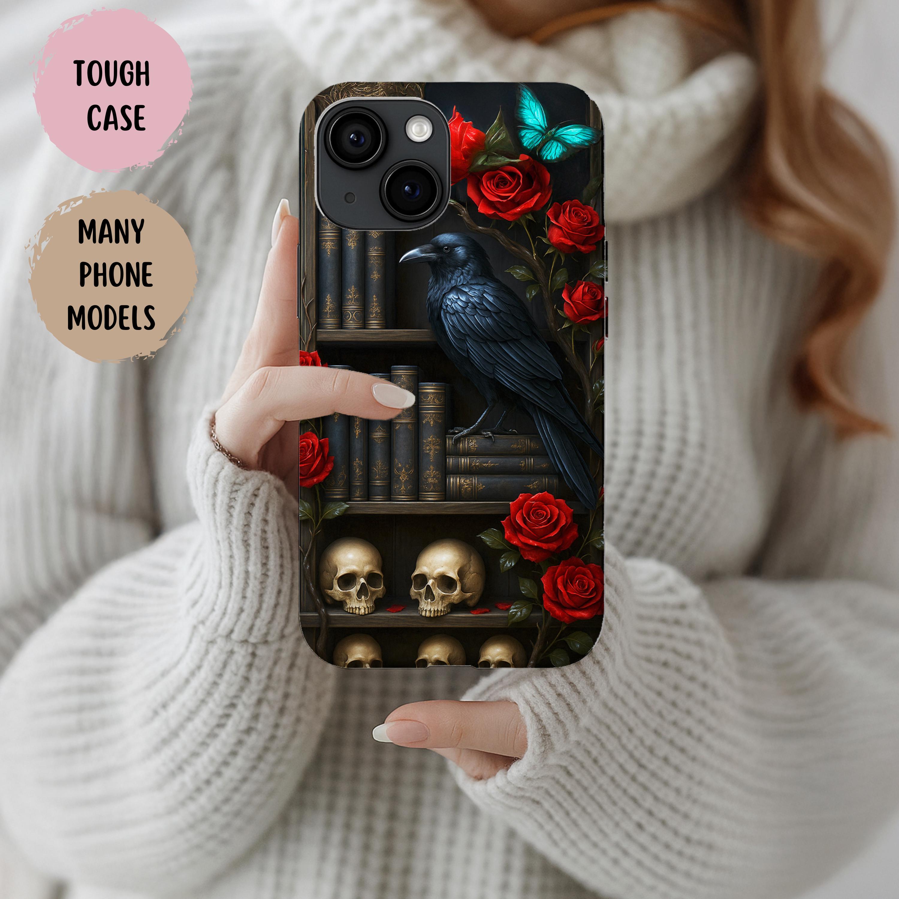 Book Phone Case, Gothic Raven Bookshelf Phone Case, Gift for Book Lovers, Library Dark Academia Aesthetic, Dark Romance, Floral Dark Bookish