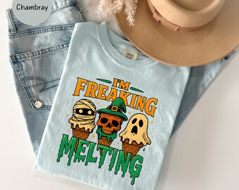 Comfort Colors® Summerween Ice Cream Shirt, Funny Summer Halloween Tee, I am Freaking Melting Shirt, Spooky Season Beach Shirt, Retro Shirt