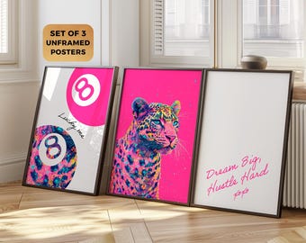 Pink Leopard Wall Art Set,Wall Art Prints Glitter Cheetah,Modern Neon Animal Prints,Print out Wall Art, 8 Lucky Ball Poster, 3 Posters.