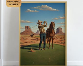 Vintage cowboy golfaffisch, väggkonst med westerngolffoto, konsttryck med cowboygolfare. Oinramad affisch, golftryck, golfgåvor