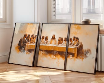 May include: A triptych of framed paintings depicting a scene of Jesus and his disciples at the Last Supper. The paintings are set against a background of soft, golden hues and clouds. The figures are depicted in a realistic style, with detailed facial expressions and clothing.