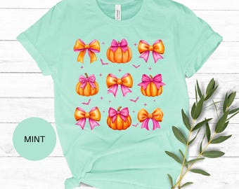 Cute Halloween Shirt, Unique Halloween Gift, Cute Pumpkin and Bows TShirt, Coquette Halloween Bows, Pink Halloween, Spooky Season Tee