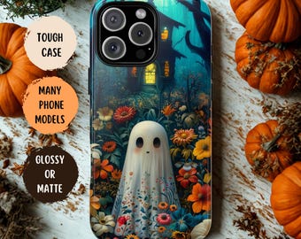 Bonita funda de fantasma para teléfono, funda de temporada espeluznante, funda de Halloween, Halloween vintage, estética otoñal, funda floral, regalo único de Halloween.