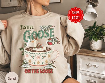 Festive Goose on the Loose Sweatshirt, Vintage Christmas Goose Crewneck, Funny Holiday Sweater, Cozy Retro Goose Gift, Silly Geese Shirt
