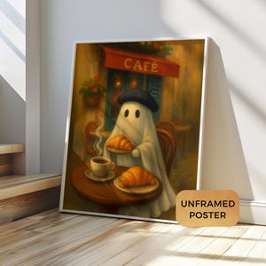 Parisian Ghost Wall Art, Croissant & Coffee Poster, Cozy Halloween Print, Vintage French Café Ghost Oil Painting, Cute Spooky Home Decor