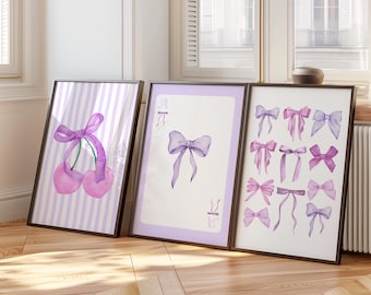 Trendy Lilac Bows Wall Art Set of 3, Preppy poster, College Apartment Decor, Watercolor Bows Print, Coquette Room Decor,Girly Wall Art