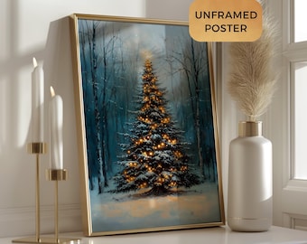 Moody Vintage Christmas Tree Wall Art, Winter Holiday Prints, Whimsical Forest, Oil Painting Effect, Rustic Artwork, Christmas Prints