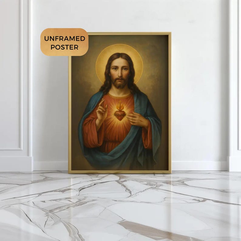 Sacred Heart of Jesus Poster, Catholic Wall Art Print, Christian Religious Decor, Unframed Jesus Print, Housewarming Gift, Jesus Print image 1