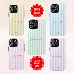 May include: A collection of custom phone cases with vertical striped patterns in various pastel colors. Each case features a different inspirational quote and a cross symbol. The cases are available in yellow, green, blue, pink, and purple.