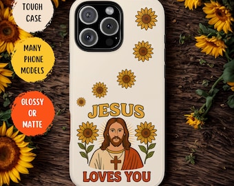 Funda para teléfono "Jesús te ama", funda de girasol, regalo católico, funda resistente con motivos florales bohemios, funda cristiana, funda con flores
