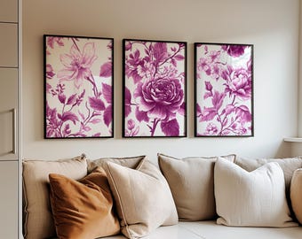 Różowa sztuka ścienna w stylu chinoiserie, różowy zestaw nadruków w kwiaty w stylu vintage, modna sztuka, grafika do druku, różowy wystrój pokoju, wydruki cyfrowe, natychmiastowe pobranie
