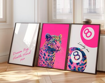 Leopard Wall Art Set, Framed Poster, Pop Art Prints Glitter Cheetah, Modern Neon Animal Prints, 8 Lucky Ball Poster Motivational Home Decor