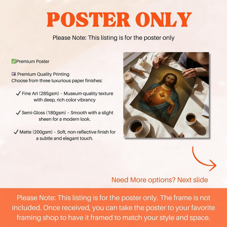May include: A poster with the text "POSTER ONLY" in orange. The poster features a religious image and is being held by a person. The listing is for the poster only. The poster is available in Fine Art, Semi-Gloss, and Matte finishes.