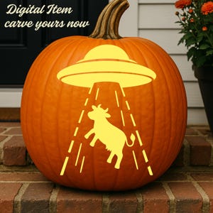 May include: A large orange pumpkin featuring a yellow stencil design of a UFO beaming up a cow. The text Digital Item carve yours now is printed in the upper left corner. The pumpkin has a brown stem and vertical ridges across its surface.