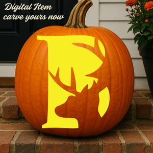 May include: A bright orange pumpkin featuring a large, yellow, stencil-style letter P with a deer silhouette integrated into the design. The text Digital Item carve yours now is visible in the upper left corner of the image.